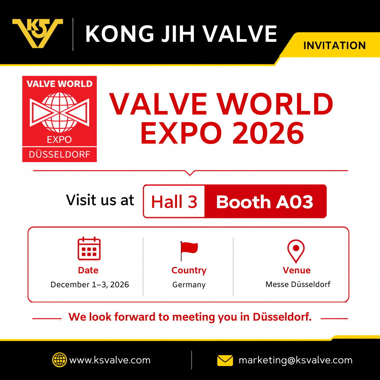 Valve World Expo 2026 in Düsseldorf, Germany – Kong Jih Valve, Hall 3, Booth A03.